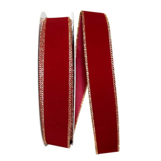 JAM Paper 1.5" x 50yd. Burgundy & Gold Wired Velvet Ribbon